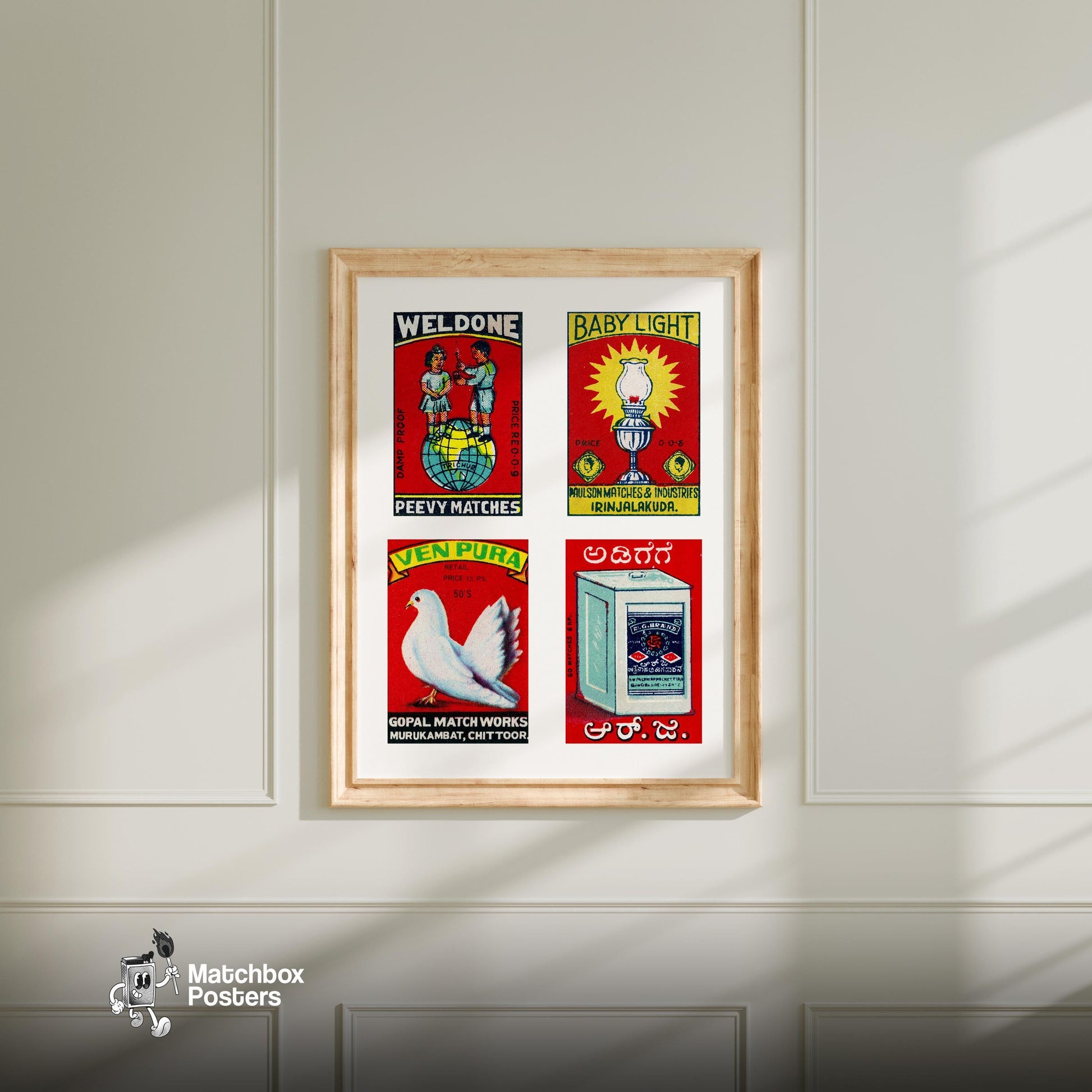 Red Indians Grid Print - vintage matchbox label print - living room mockup