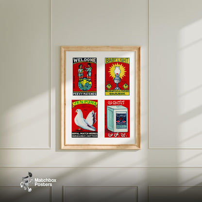 Red Indians Grid Print - vintage matchbox label print - living room mockup