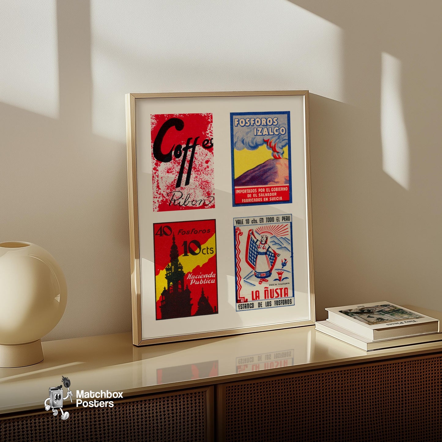 Four Vintages El Salvador - vintage matchbox label print - bedroom mockup