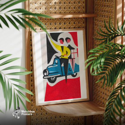 Couple on Vespa - vintage matchbox label print - office wall