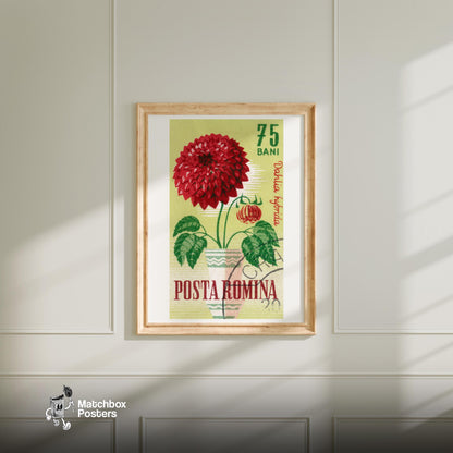 Red Dahlia Flower - vintage matchbox label print - bedroom mockup