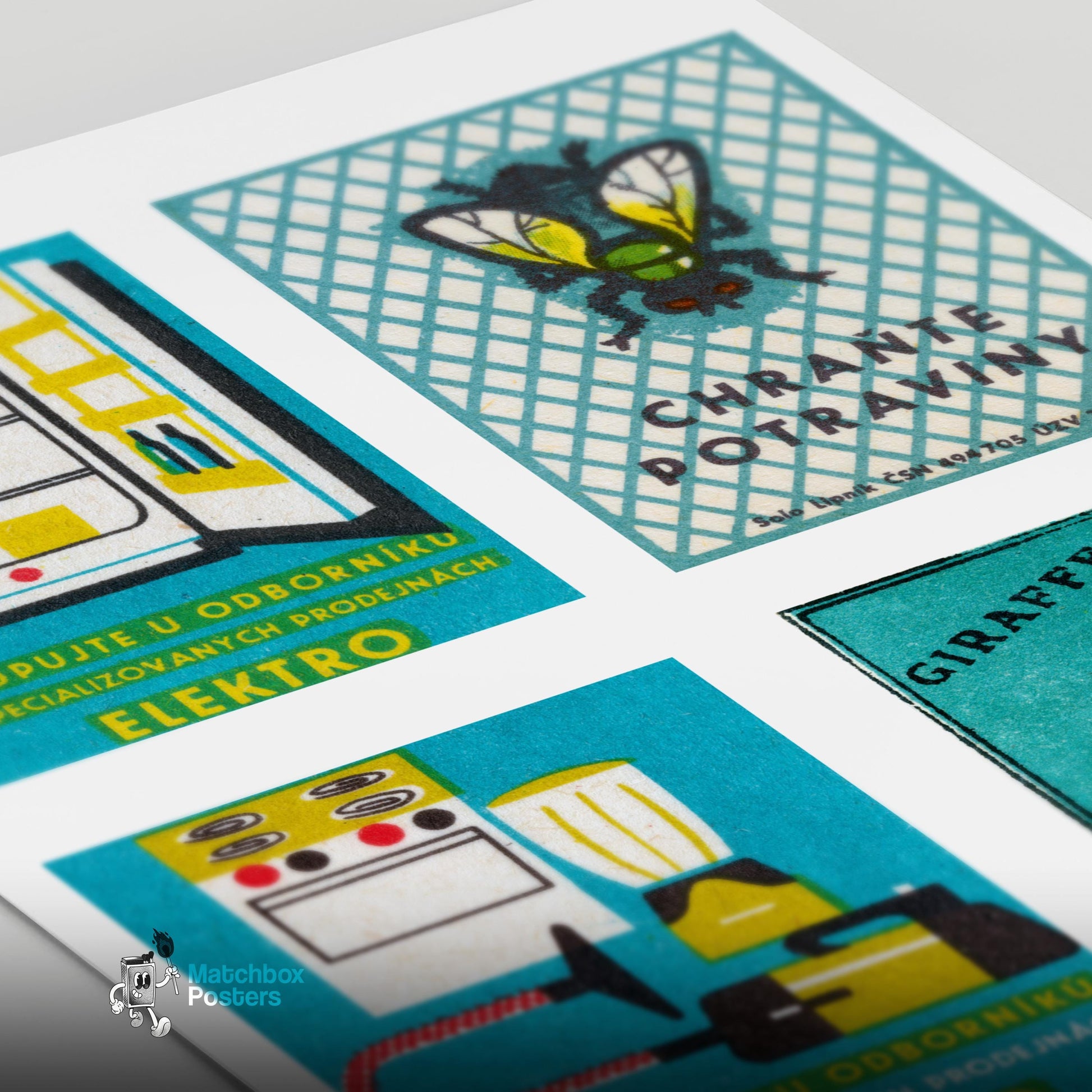 Turquoise & Yellows Grid Print - vintage matchbox label print - close-up detail