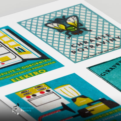Turquoise & Yellows Grid Print - vintage matchbox label print - close-up detail