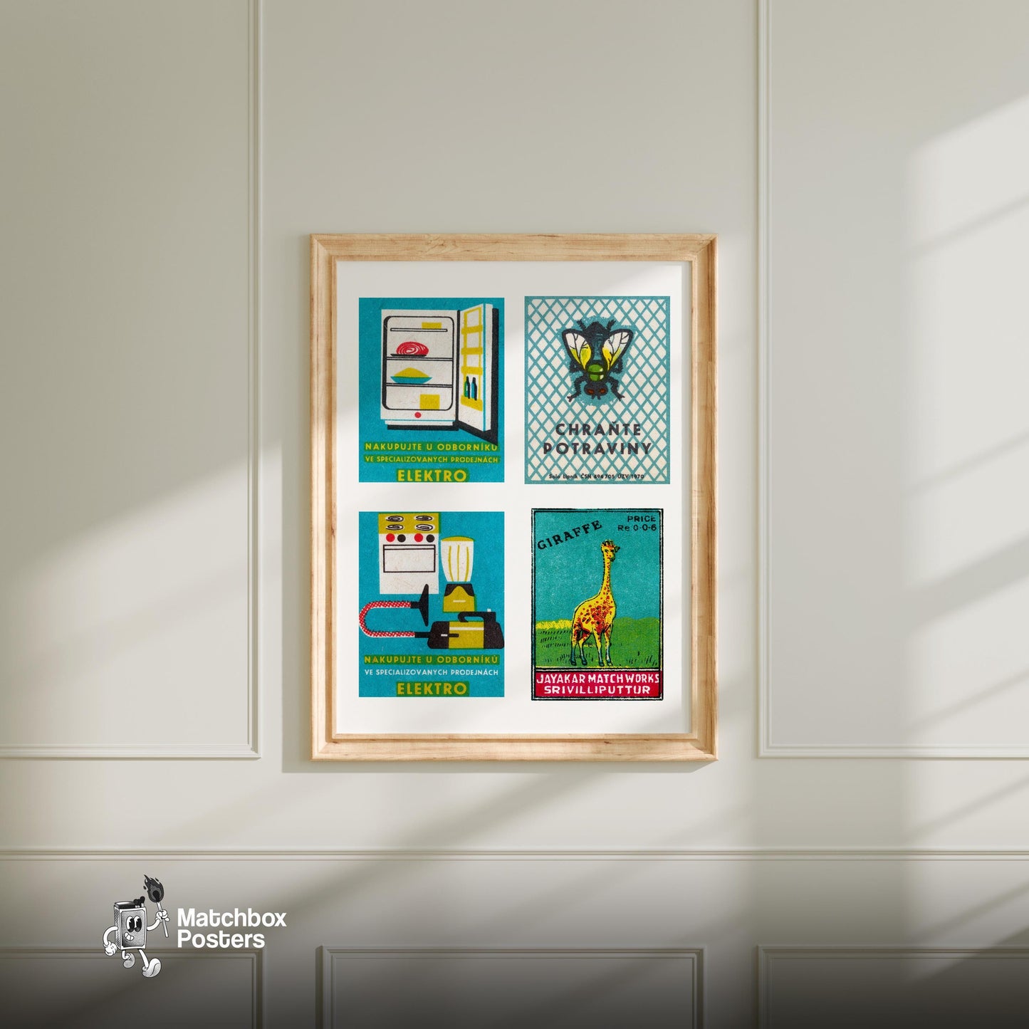 Turquoise & Yellows Grid Print - vintage matchbox label print - living room mockup