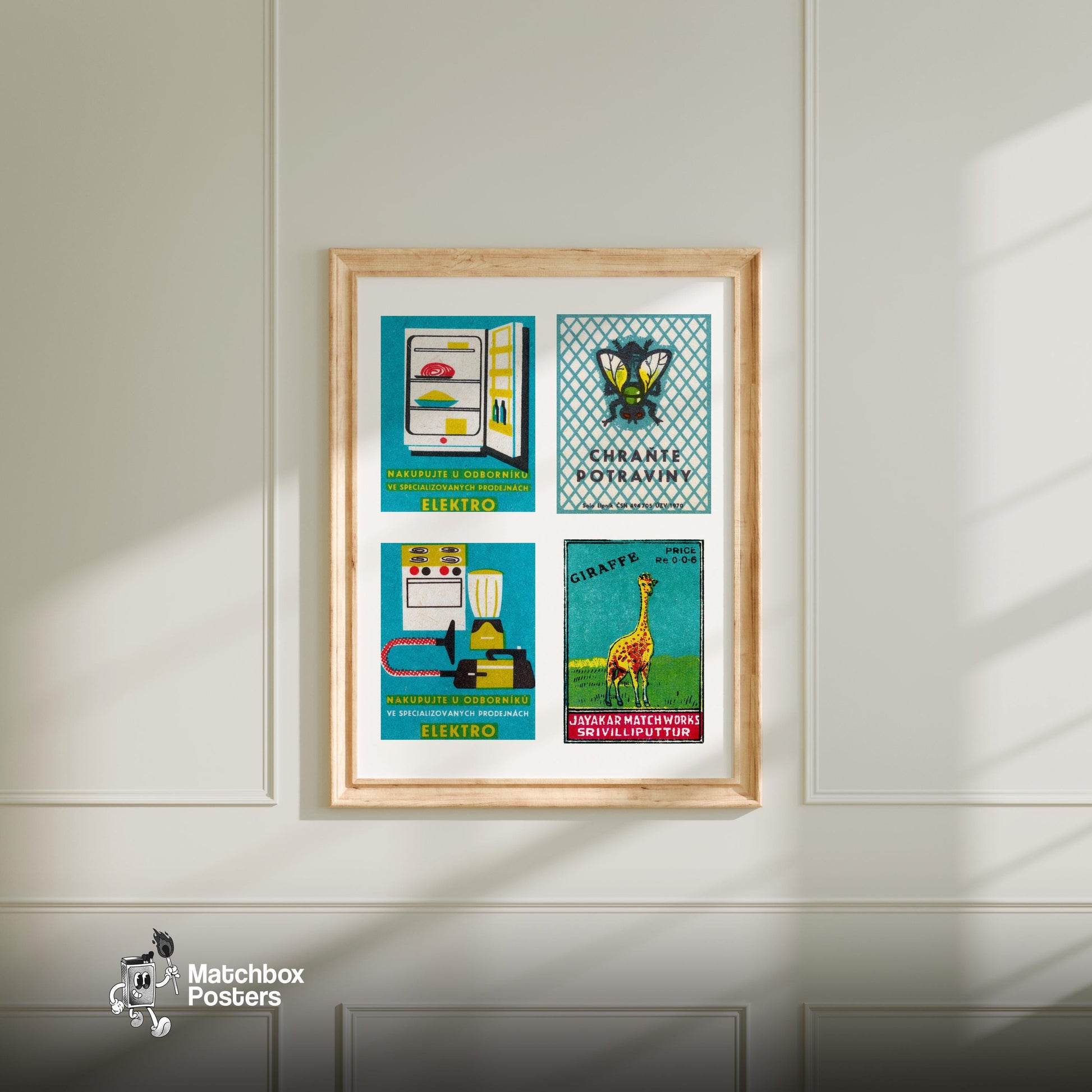 Turquoise & Yellows Grid Print - vintage matchbox label print - living room mockup