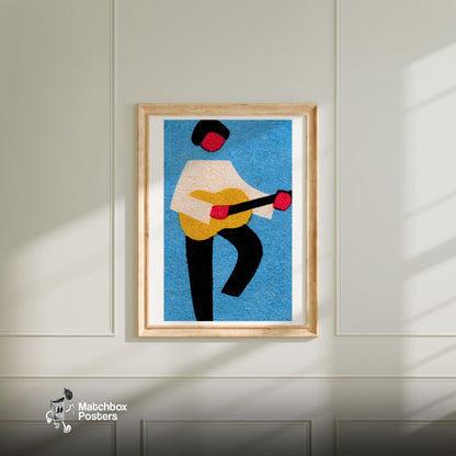 Guitar Player - vintage matchbox label print - bedroom mockup