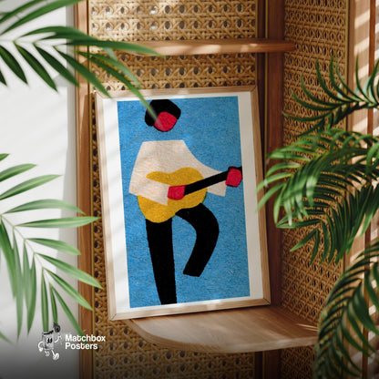 Guitar Player - vintage matchbox label print - office wall