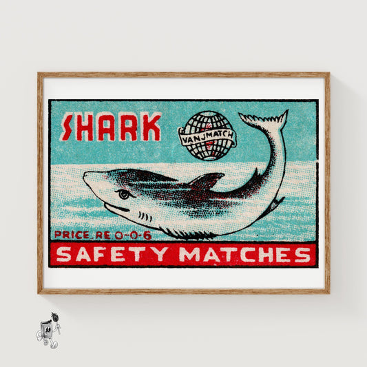 Swimming Shark - vintage matchbox label print