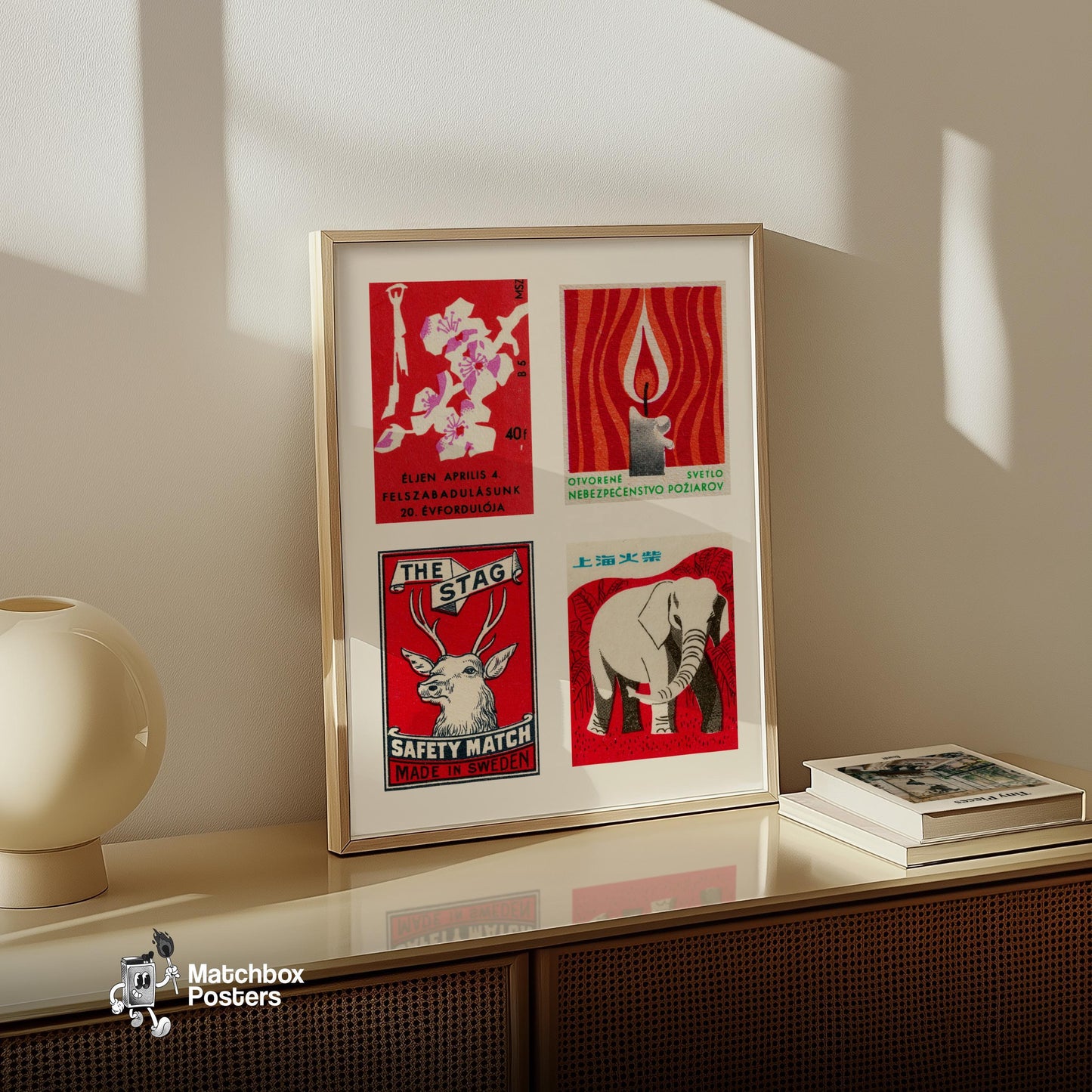 Red & Whites Grid Print - vintage matchbox label print - bedroom mockup