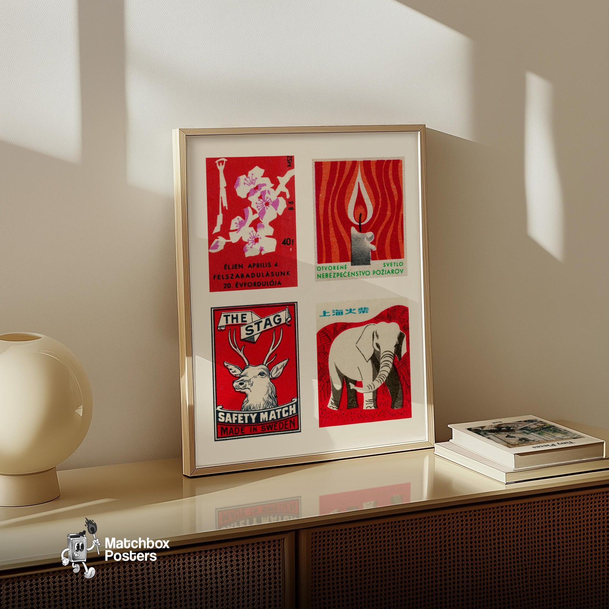 Red & Whites Grid Print - vintage matchbox label print - bedroom mockup
