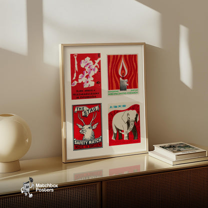 Red & Whites Grid Print - vintage matchbox label print - bedroom mockup