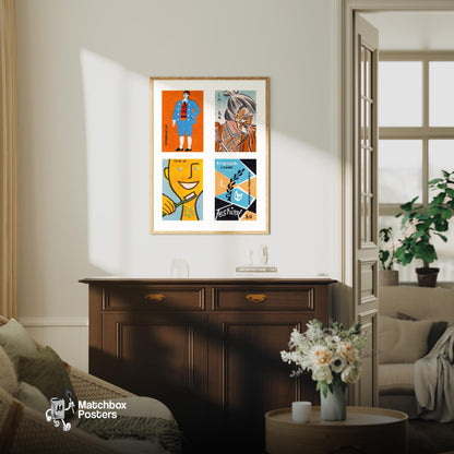 Orange & Light Blues Grid Print - vintage matchbox label print - framed wall art preview