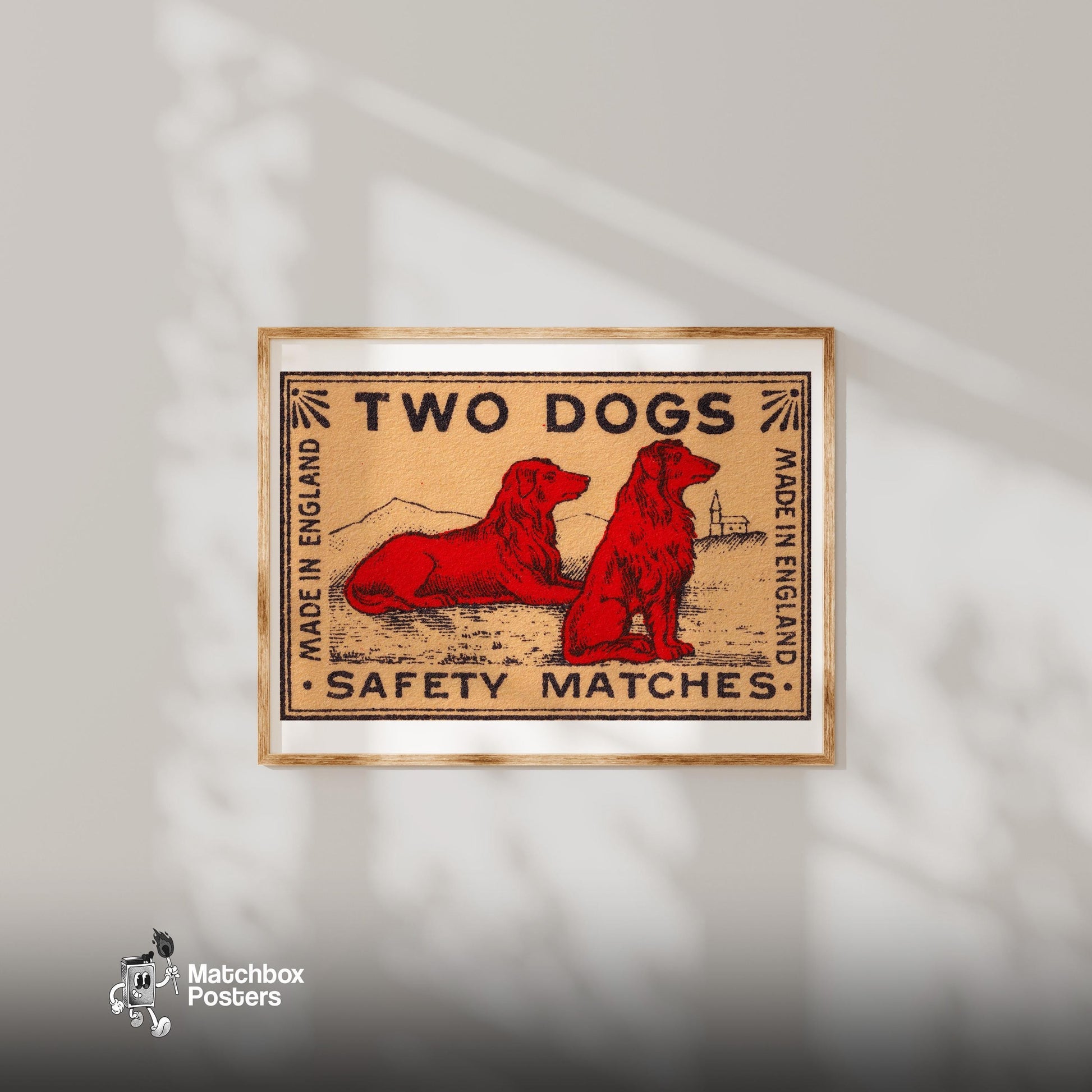 Two Dogs - vintage matchbox label print - bedroom mockup