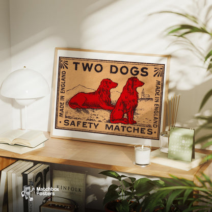 Two Dogs - vintage matchbox label print - office wall