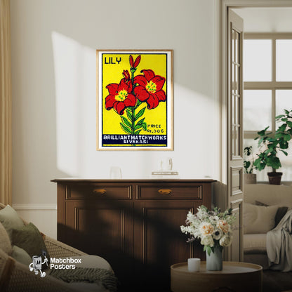Red Lily - vintage matchbox label print - living room mockup