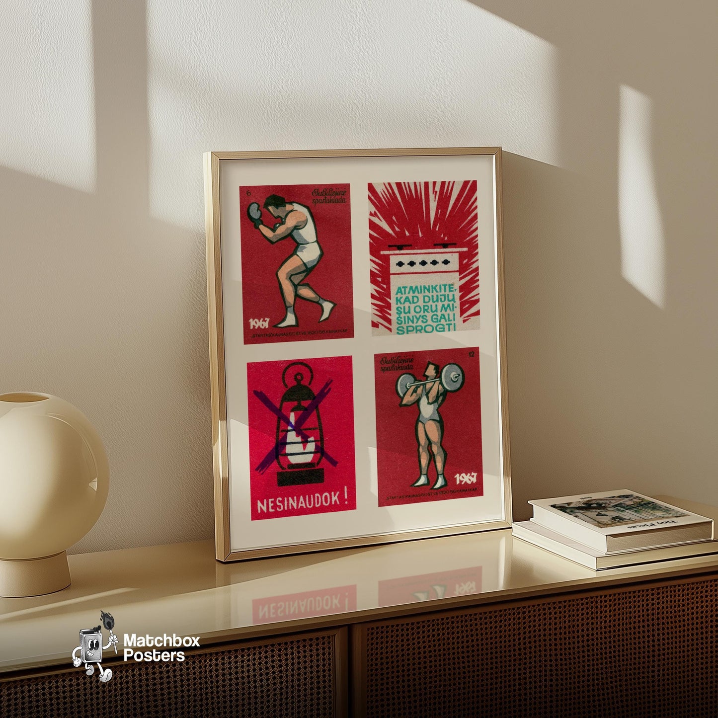 Red Lithuanians Grid Print - vintage matchbox label print - bedroom mockup