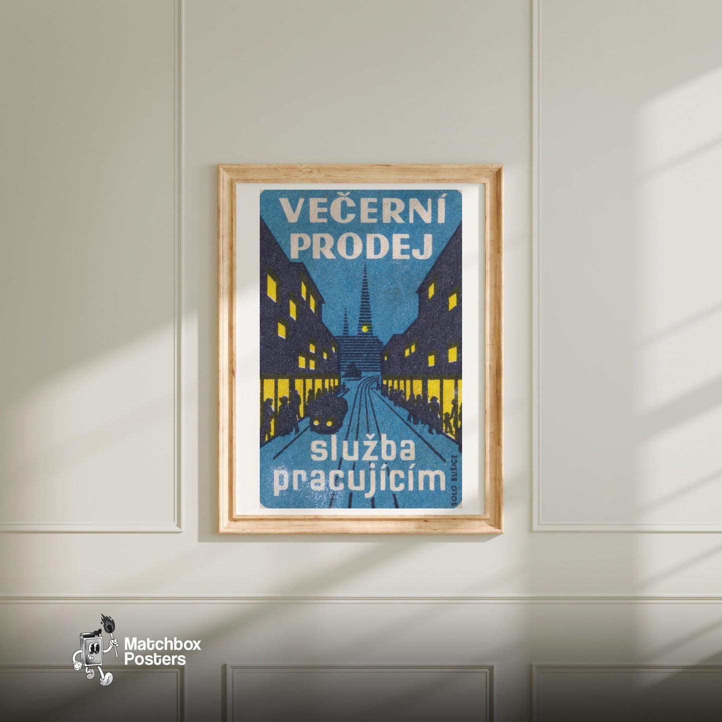 Evening Cityscape - vintage matchbox label print - bedroom mockup