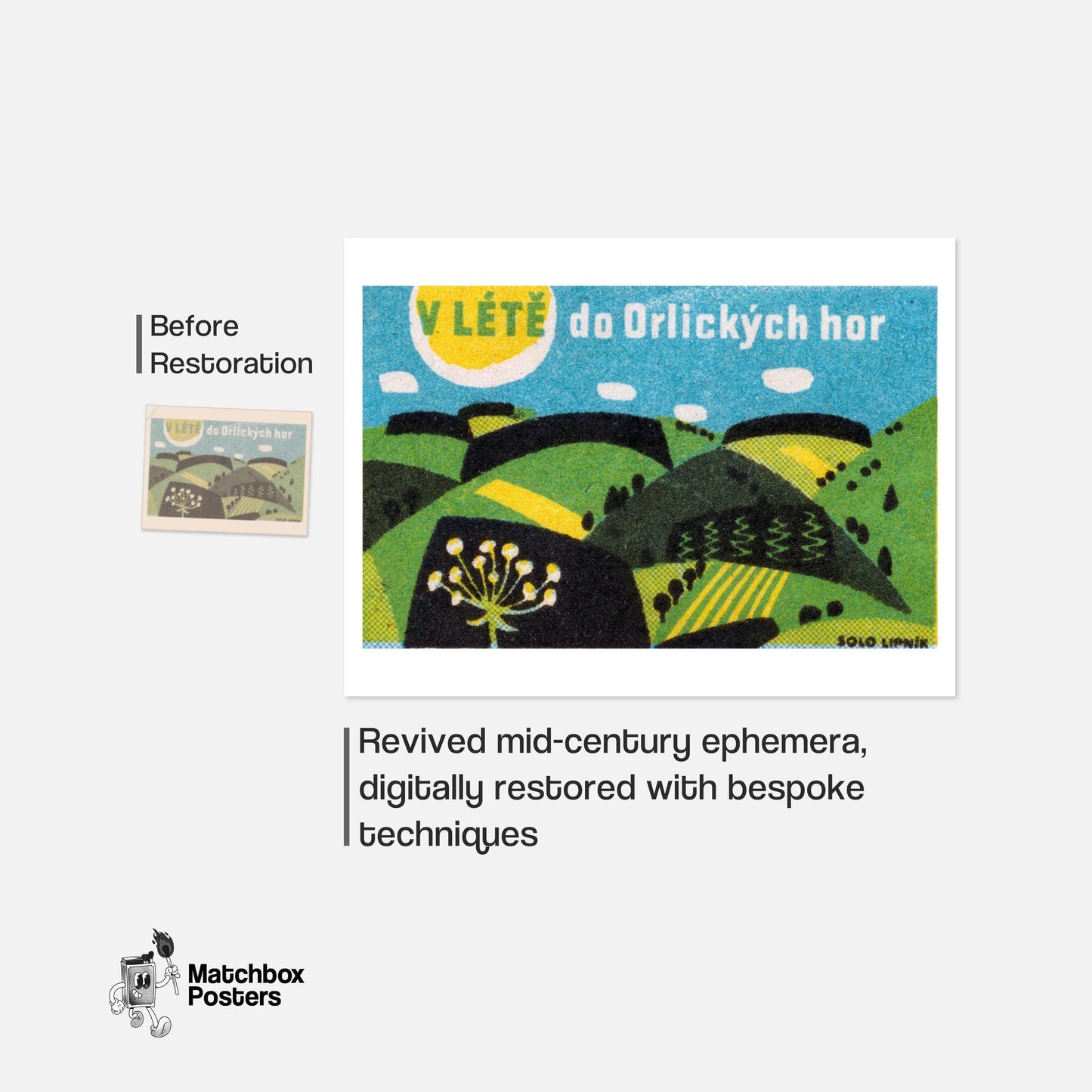 Stylized Hills - vintage matchbox label print - framed wall art preview
