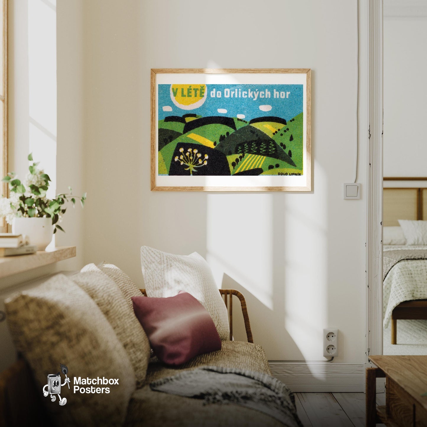 Stylized Hills - vintage matchbox label print - living room mockup