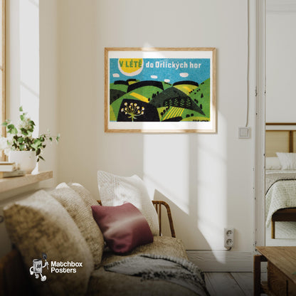Stylized Hills - vintage matchbox label print - living room mockup
