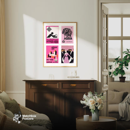 Pink & Blacks Grid Print - vintage matchbox label print - framed wall art preview