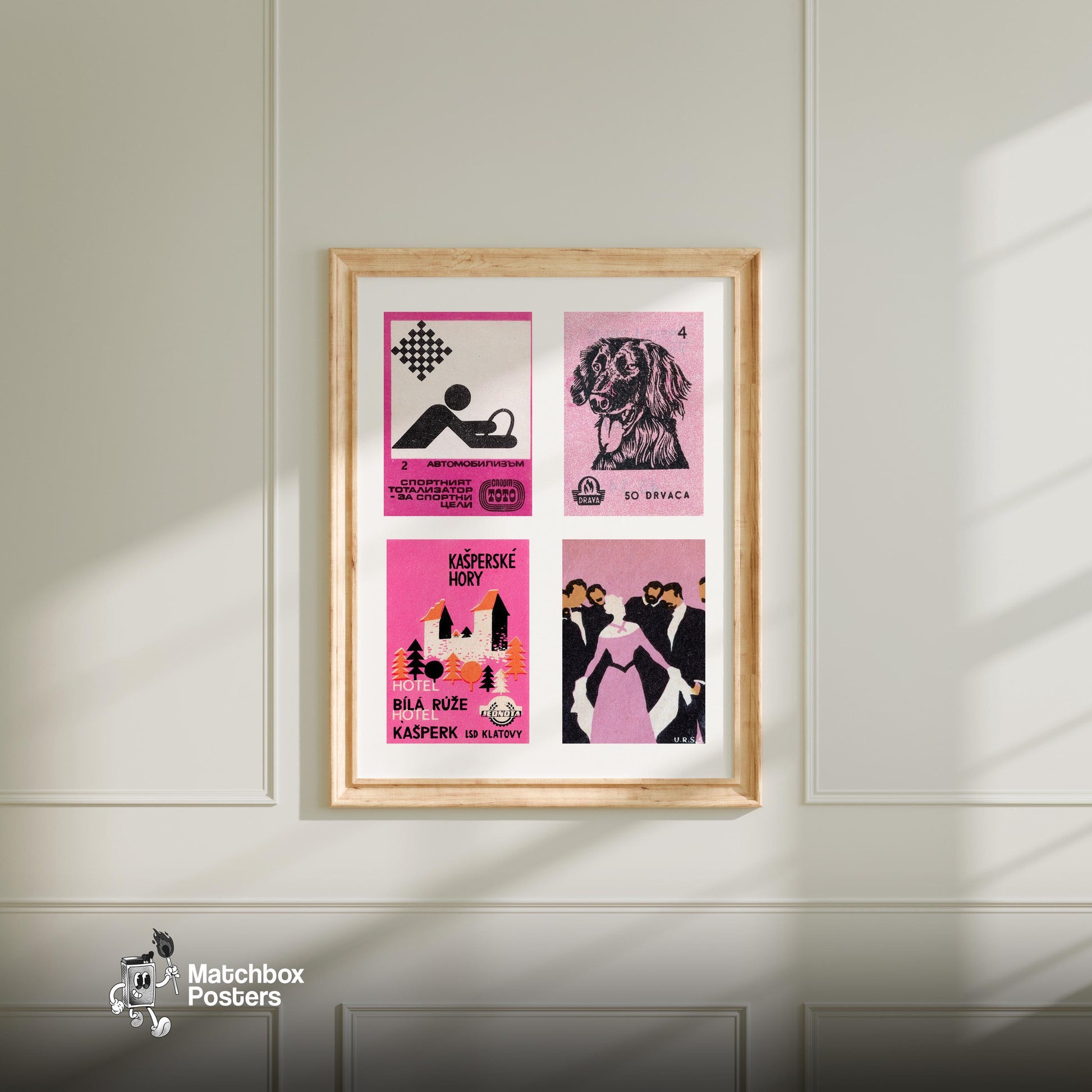 Pink & Blacks Grid Print - vintage matchbox label print - living room mockup