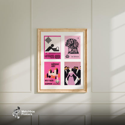Pink & Blacks Grid Print - vintage matchbox label print - living room mockup