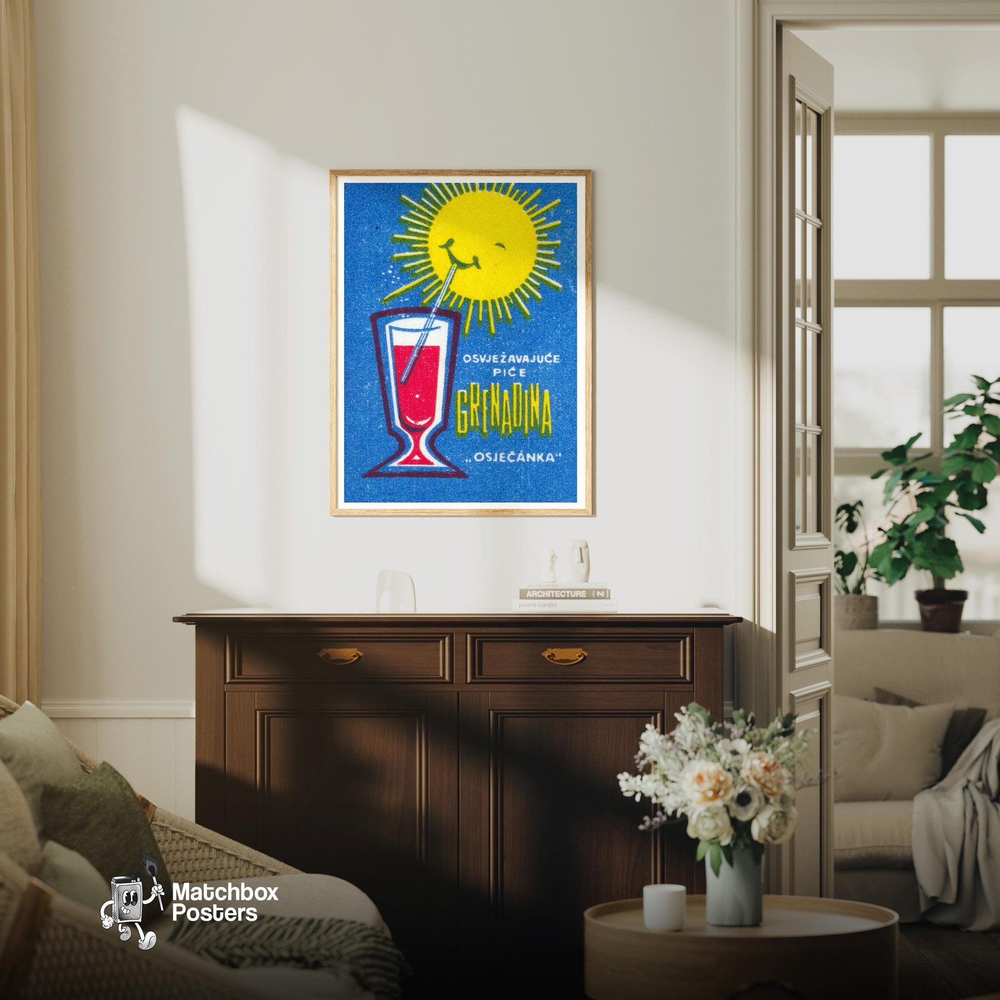 Grenadine Drink - vintage matchbox label print - living room mockup