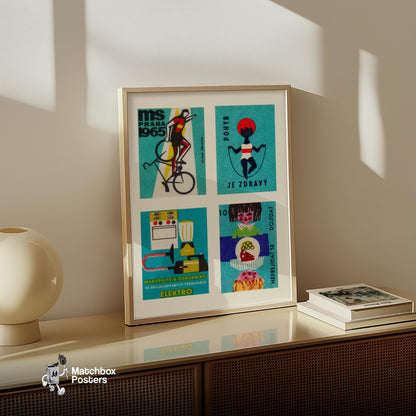 Cyclist Czechoslovakia 1960s-70s Matchbox Label - vintage matchbox label print - bedroom mockup