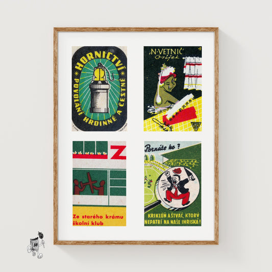 Dark Green Czechoslovaks Grid Print - vintage matchbox label print