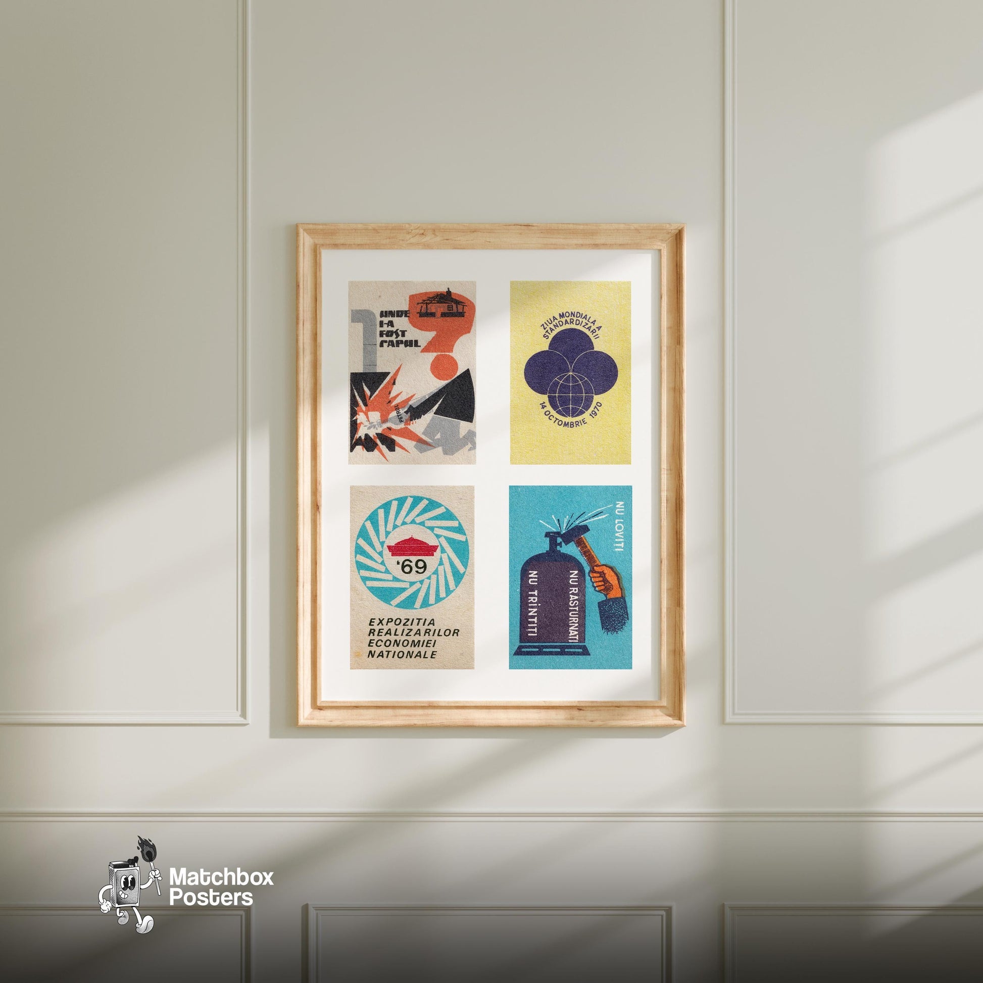 Romanians Grid Print - vintage matchbox label print - living room mockup