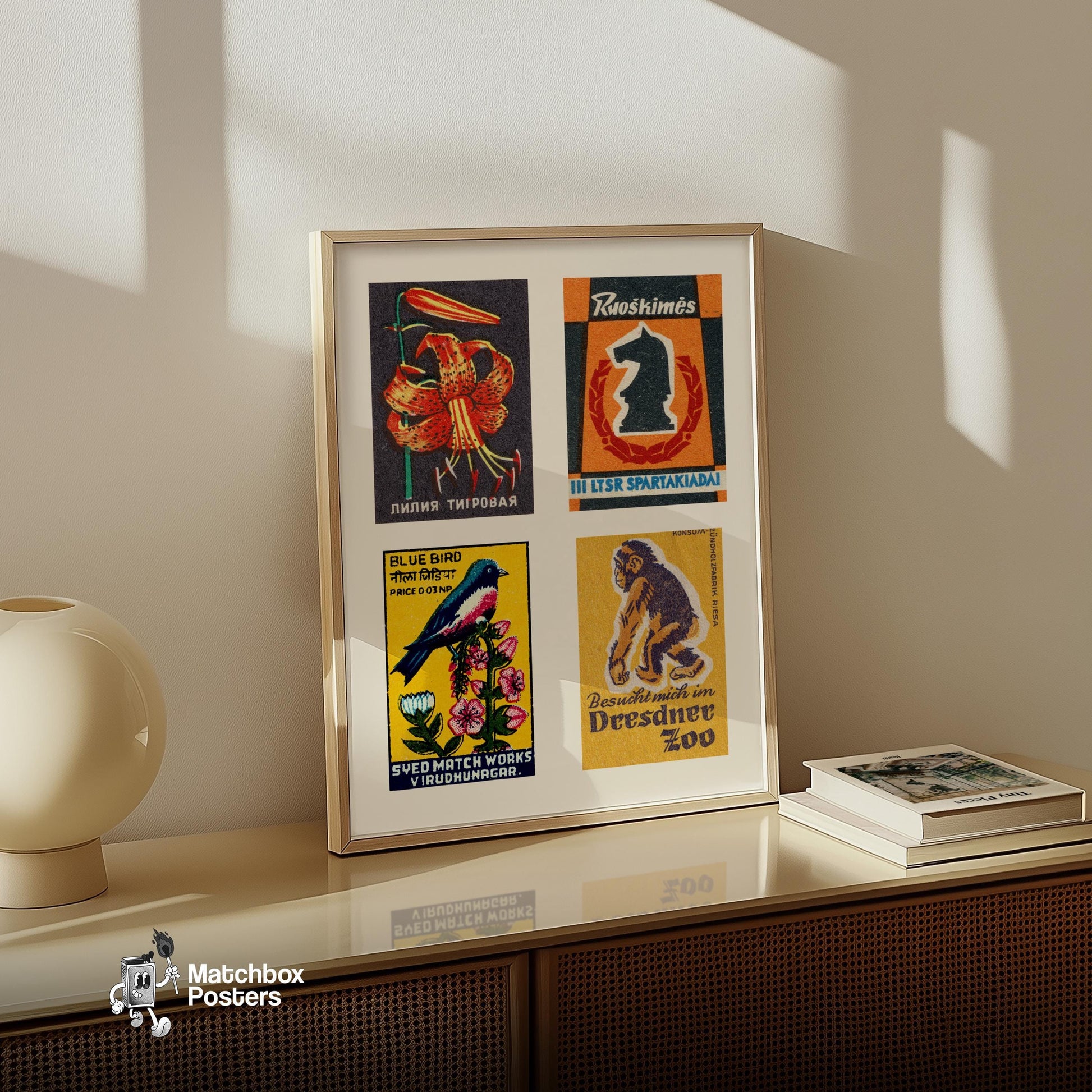 Orange Tiger Lily - vintage matchbox label print - bedroom mockup