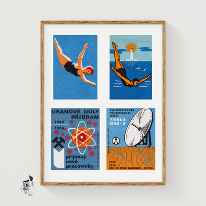 Divers Czechoslovakia Mid-Century Matchbox Label - vintage matchbox label print