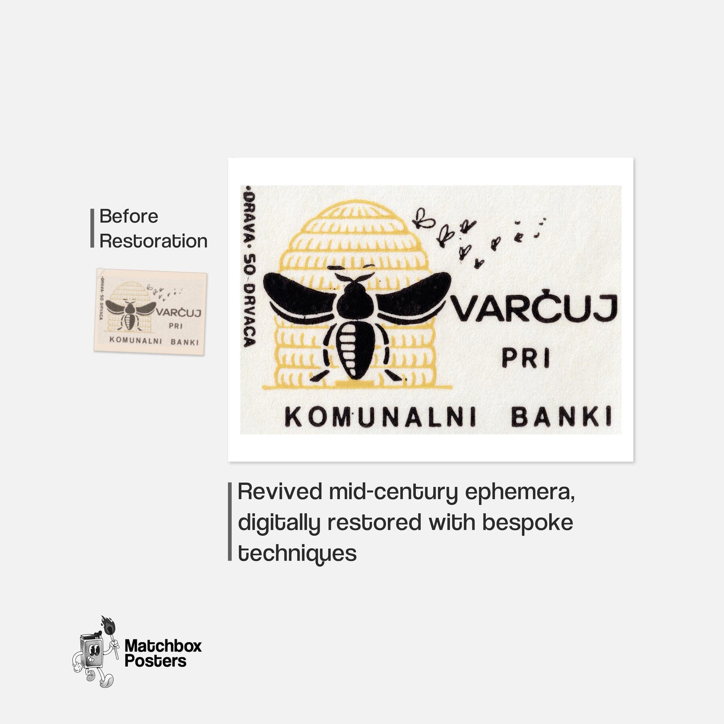 Bee Yugoslavia Mid-Century Matchbox Label - vintage matchbox label print - framed wall art preview