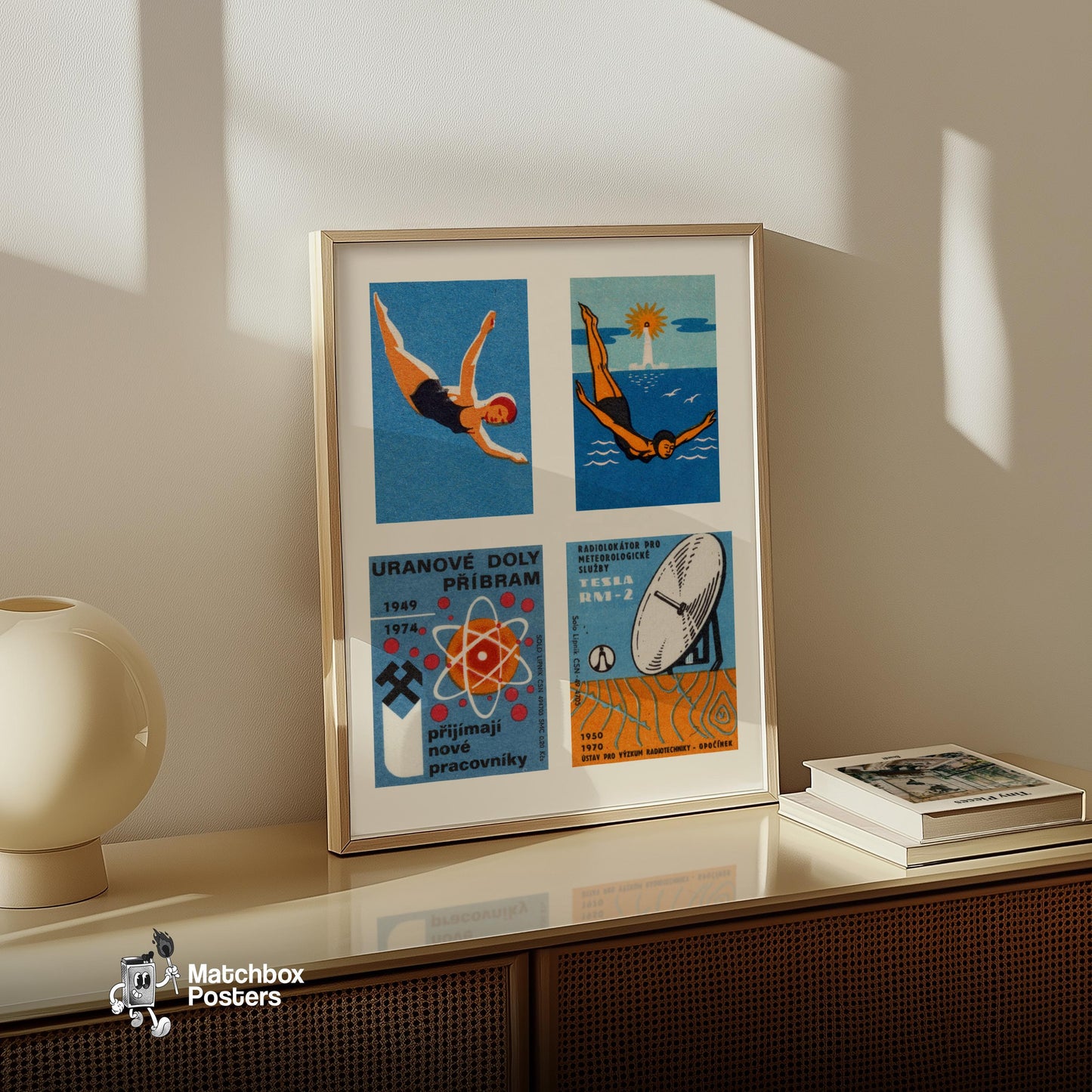 Divers Czechoslovakia Mid-Century Matchbox Label - vintage matchbox label print - bedroom mockup