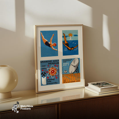 Divers Czechoslovakia Mid-Century Matchbox Label - vintage matchbox label print - bedroom mockup
