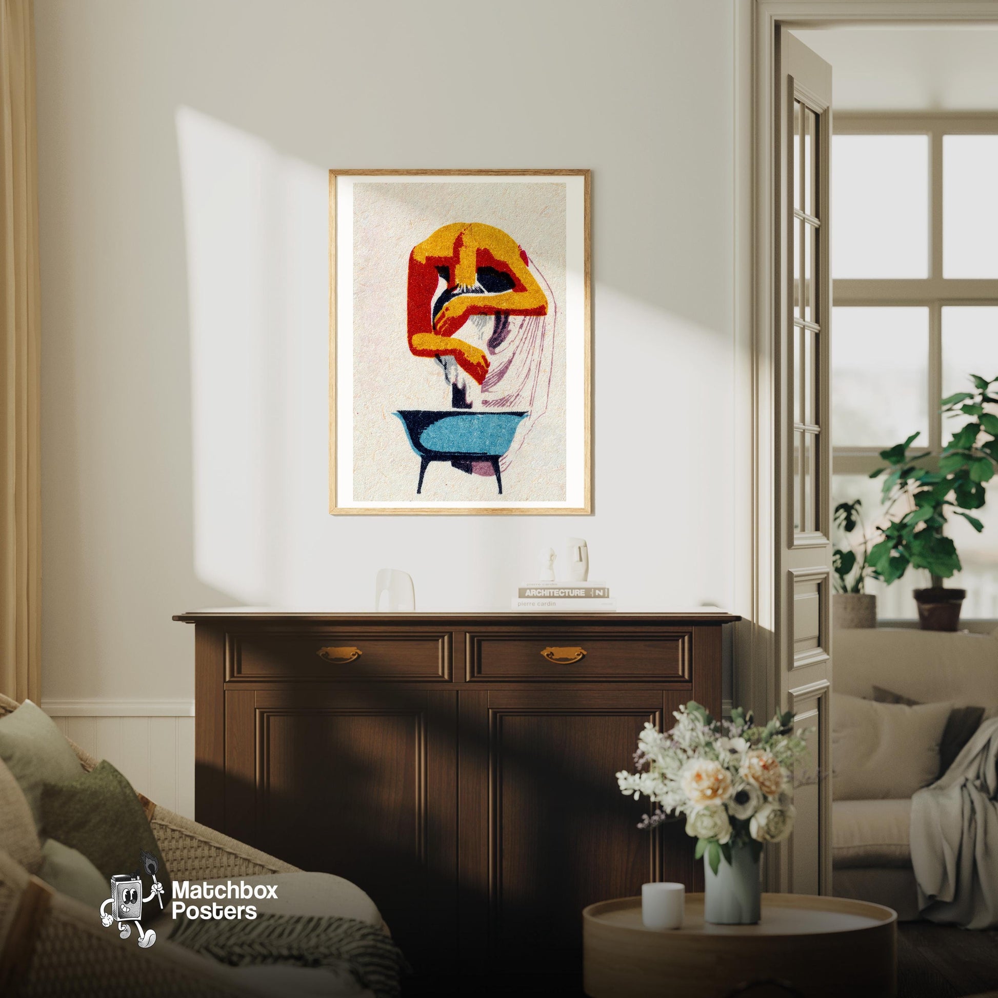 Person Bending - vintage matchbox label print - bedroom mockup