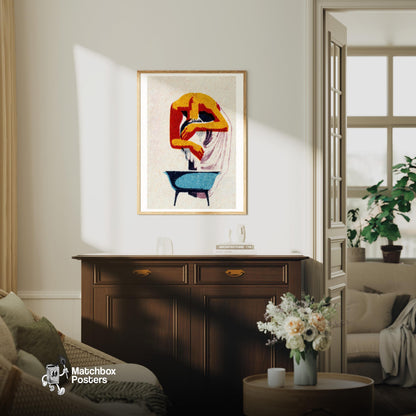 Person Bending - vintage matchbox label print - bedroom mockup