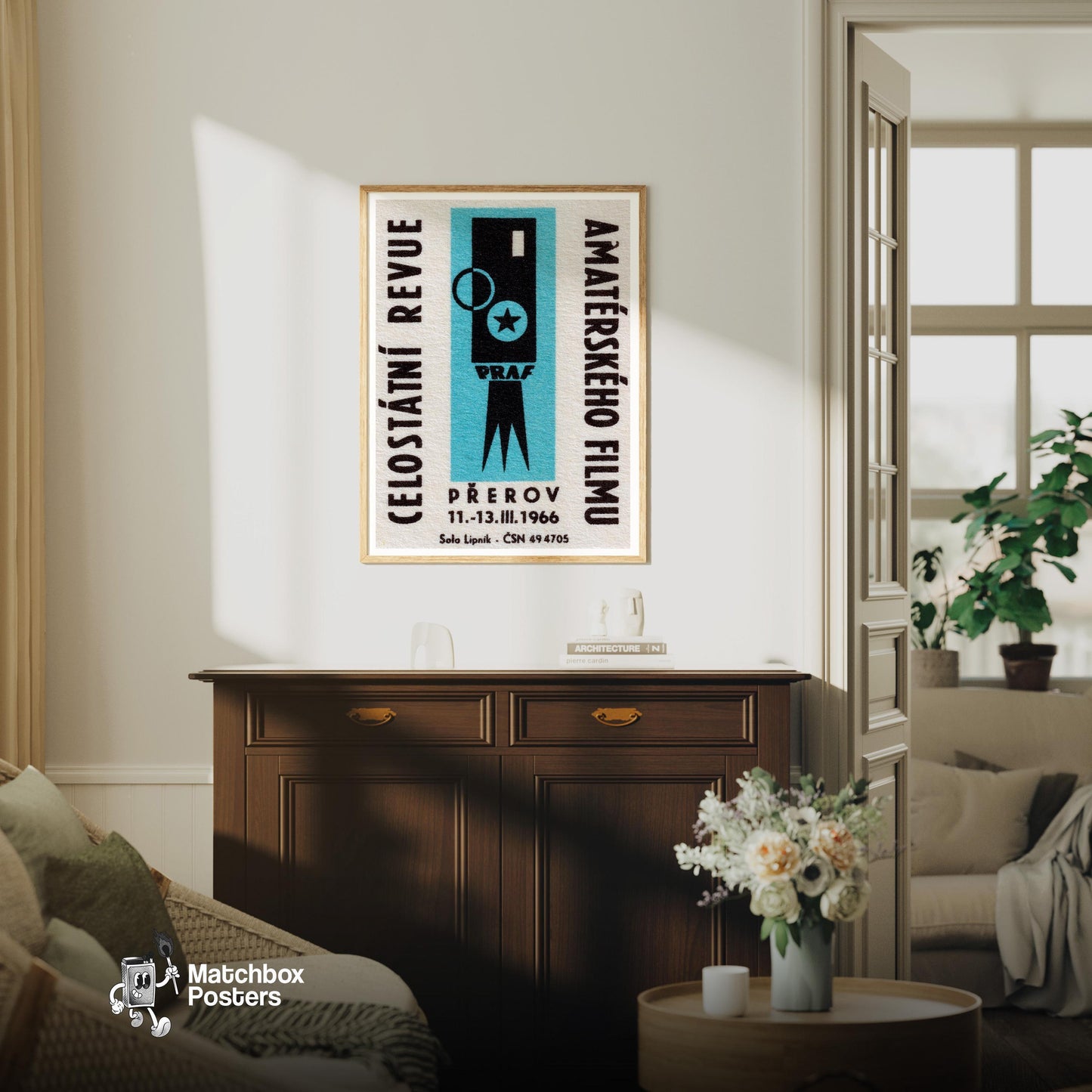 Film Camera - vintage matchbox label print - living room mockup