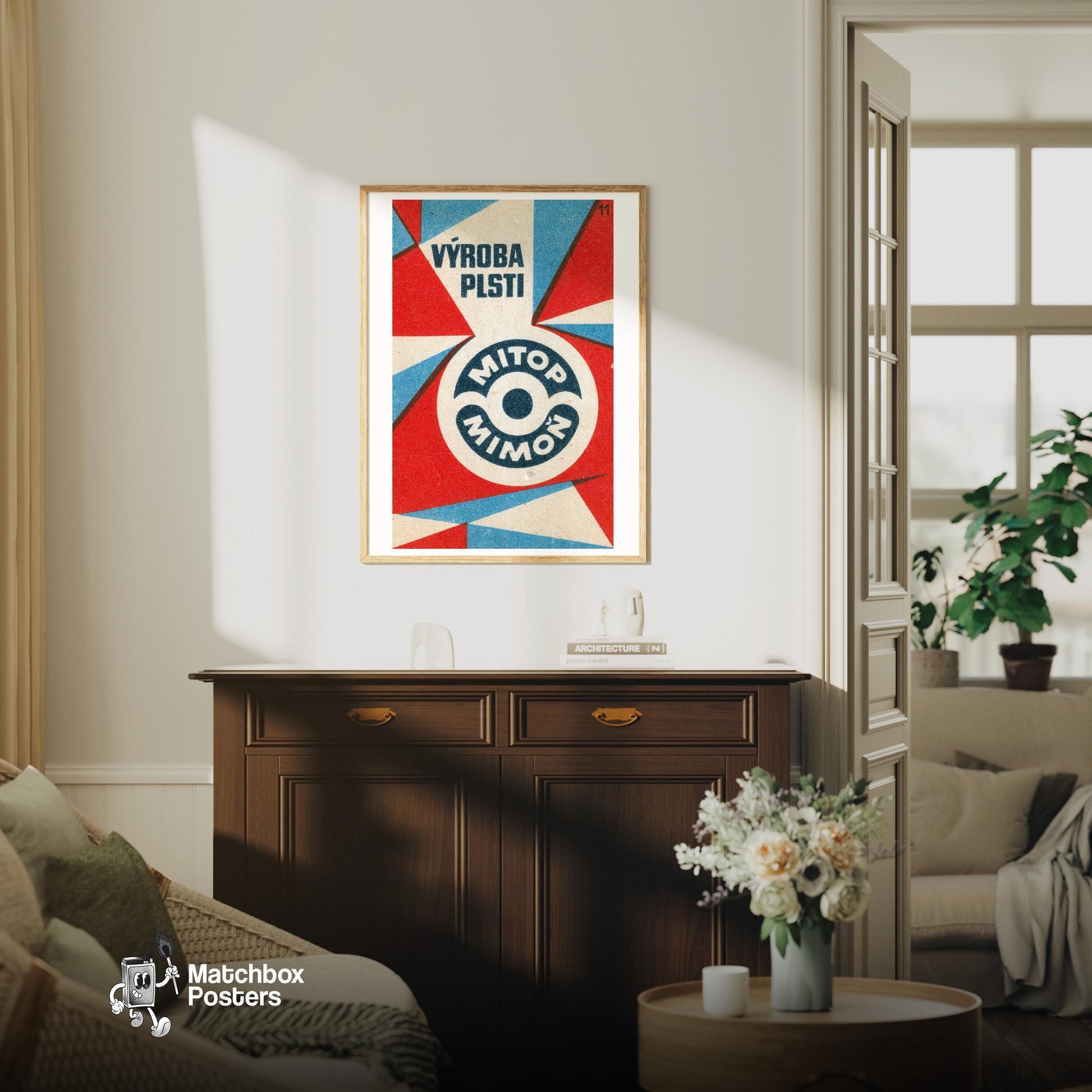 Geometric Design - vintage matchbox label print - living room mockup