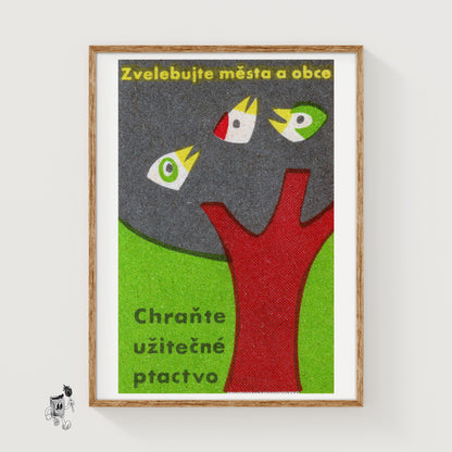 Three Birds in Tree - vintage matchbox label print