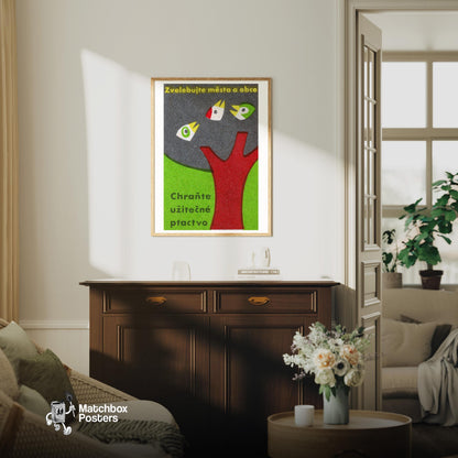 Three Birds in Tree - vintage matchbox label print - living room mockup