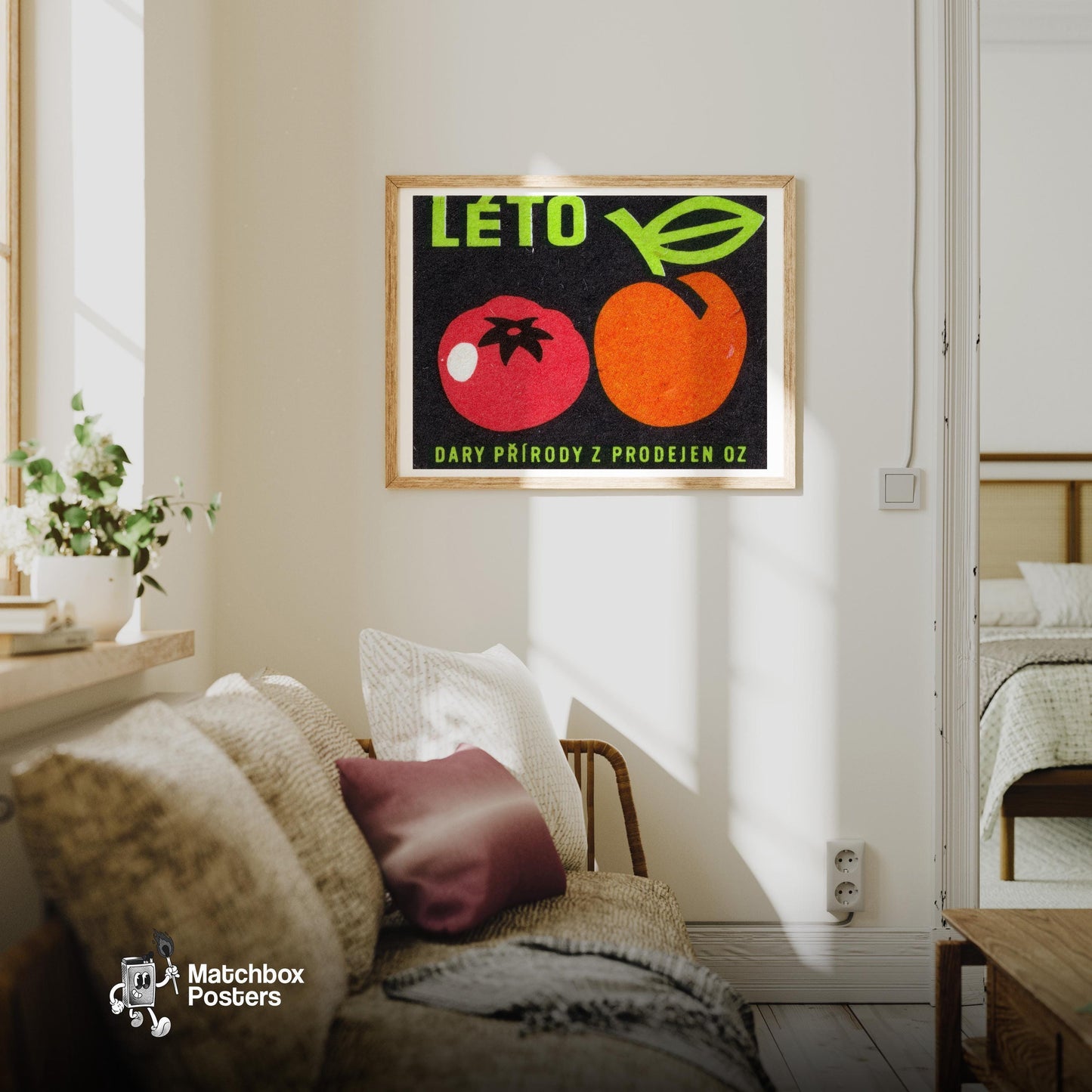 Tomato and Peach - vintage matchbox label print - living room mockup