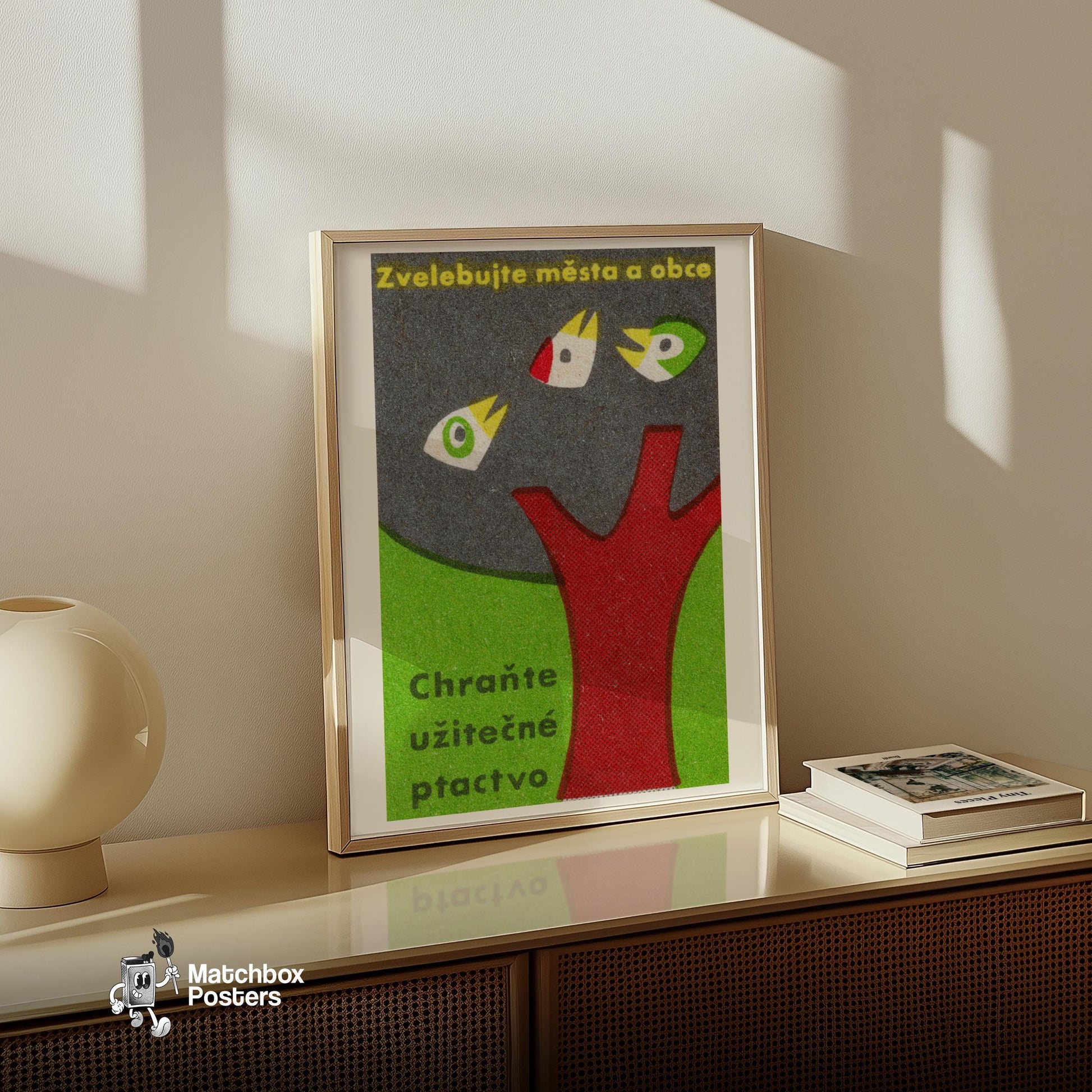 Three Birds in Tree - vintage matchbox label print - size comparison