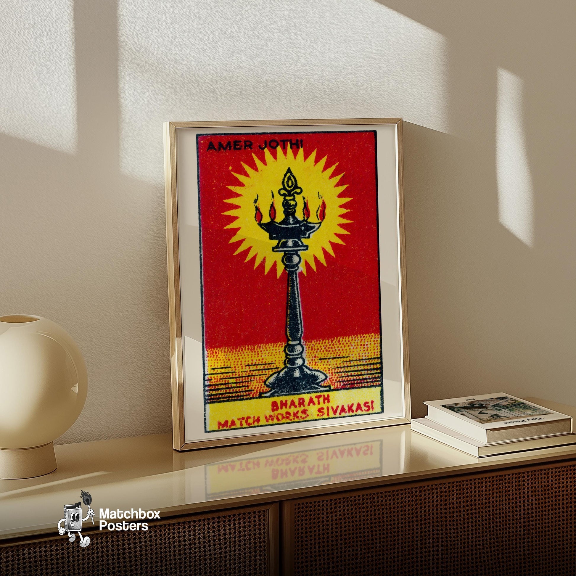 Indian Oil Lamp - vintage matchbox label print - size comparison