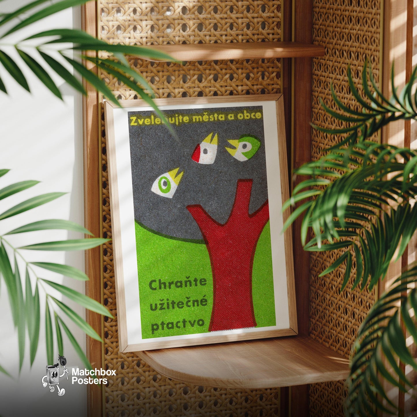 Three Birds in Tree - vintage matchbox label print - office wall
