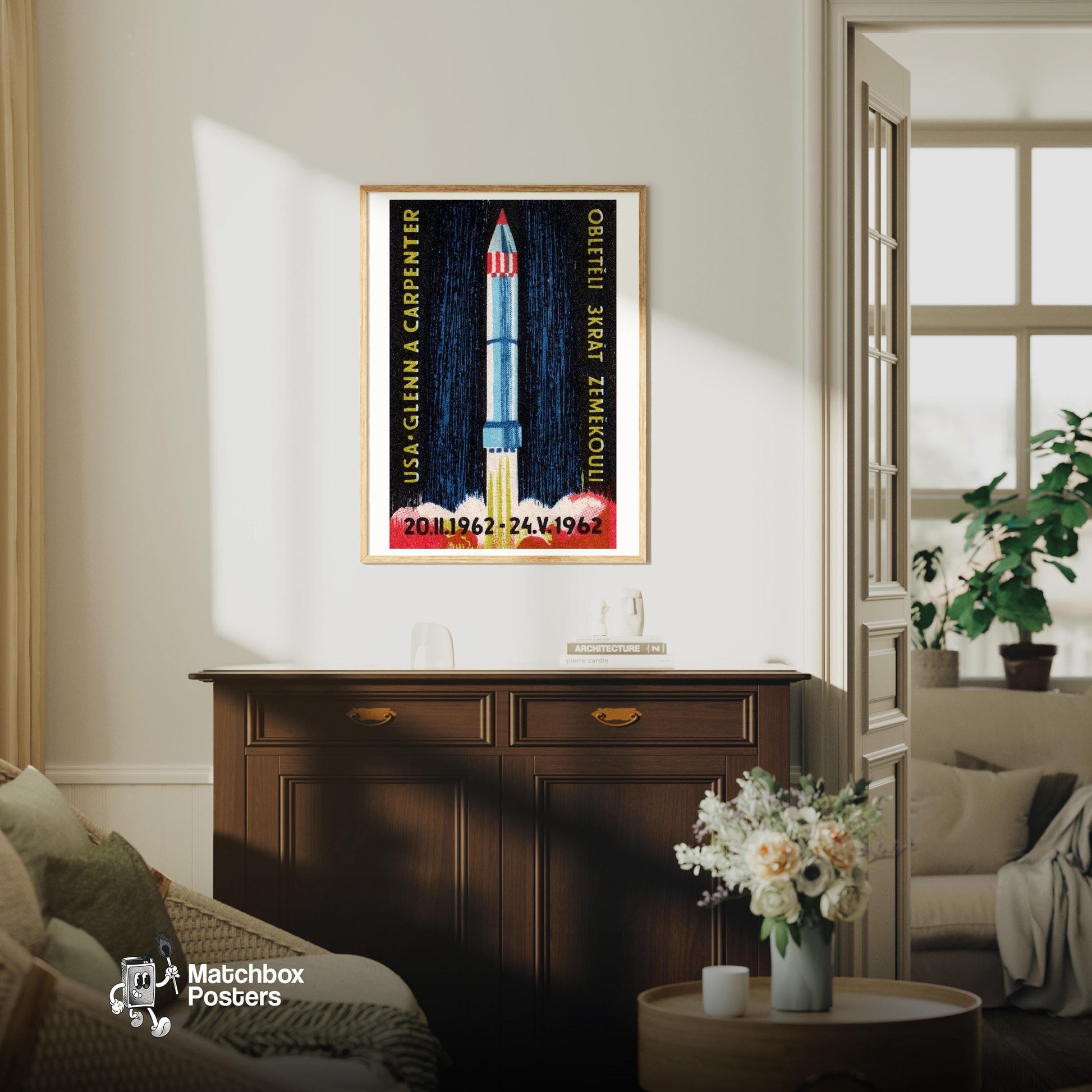 Rocket Launch - vintage matchbox label print - living room mockup