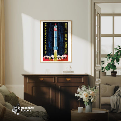Rocket Launch - vintage matchbox label print - living room mockup
