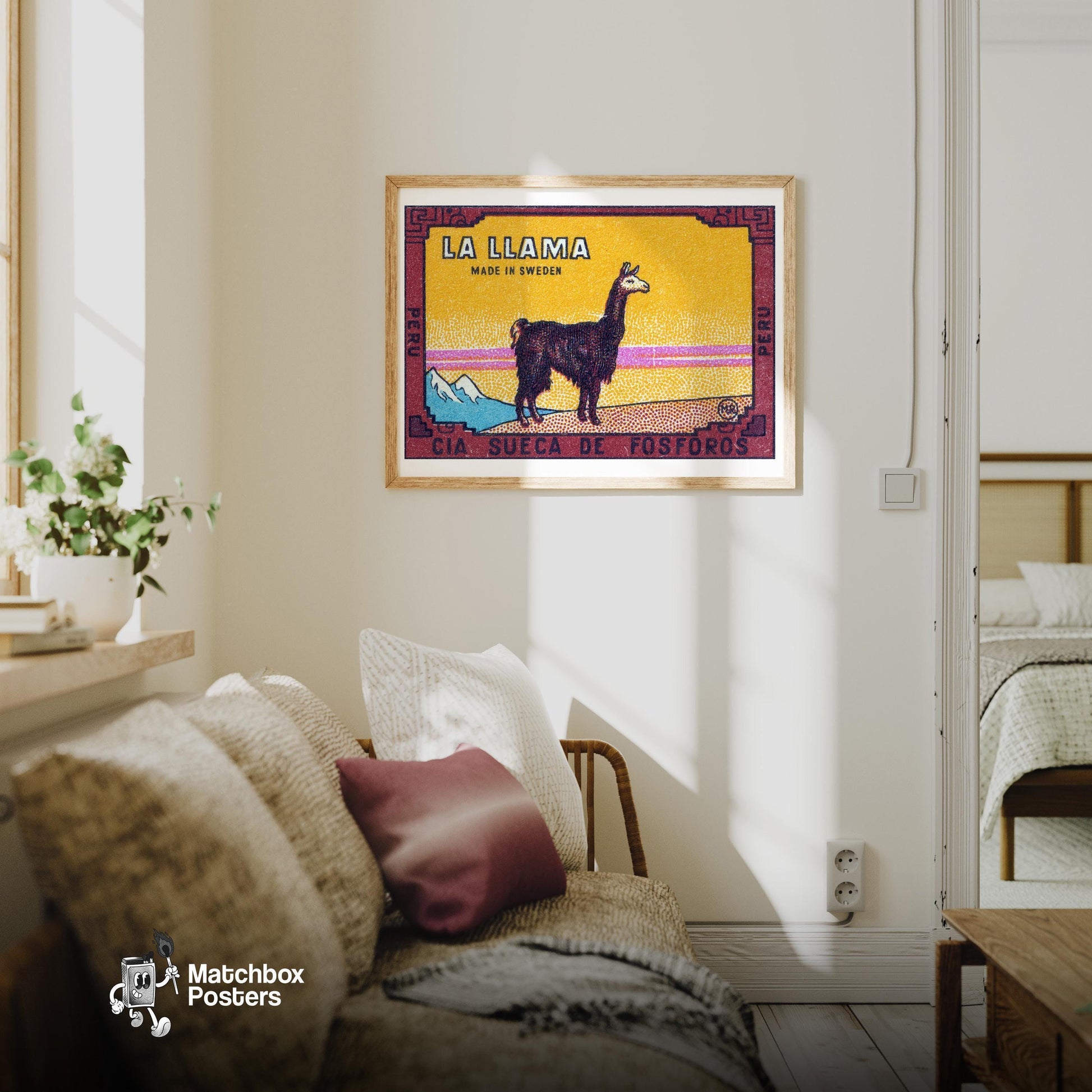 Llama Standing Peru - vintage matchbox label print - living room mockup