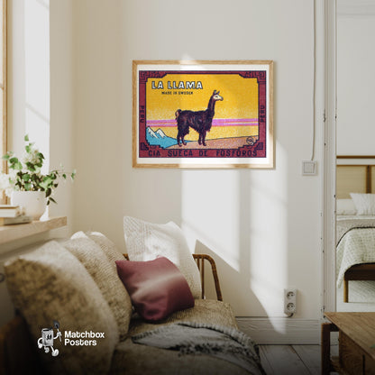 Llama Standing Peru - vintage matchbox label print - living room mockup